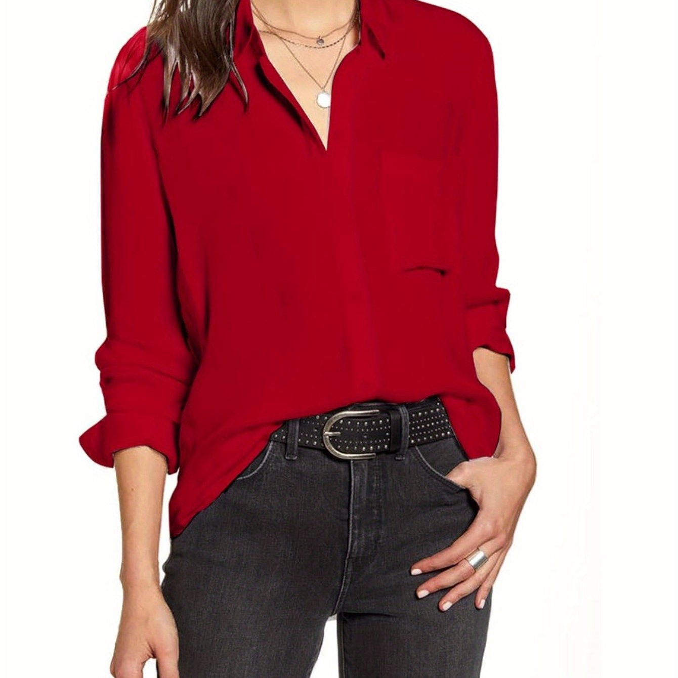 Camisas de mujer con botones y bolsillos Blusas de oficina de manga larga Blusas informales de vestir Camisas ajustadas de gasa S-XXL