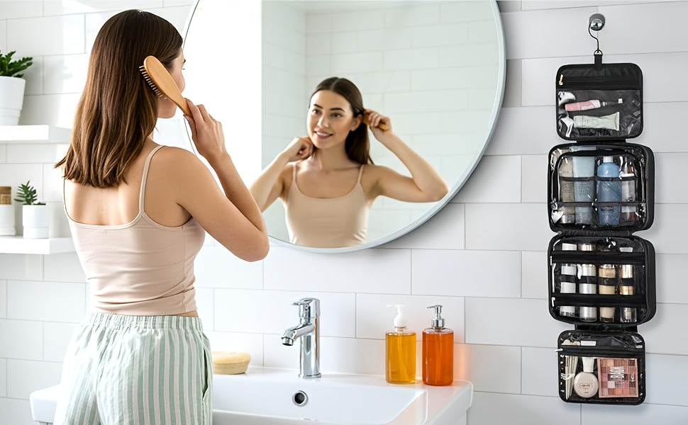Bolsa grande colgante para artículos de aseo y maquillaje con espacio para joyas: neceser mullido con múltiples compartimentos, gancho para colgar y correa.