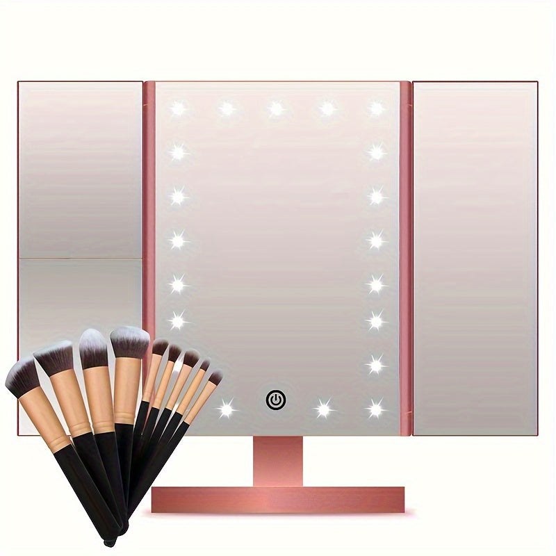 Espejo de tocador plegable con luces, espejo de maquillaje iluminado con aumento de 2X/3X, 21 LED con atenuación táctil, espejo de tocador iluminado con doble alimentación y rotación de 180°, espejo de maquillaje con iluminación.