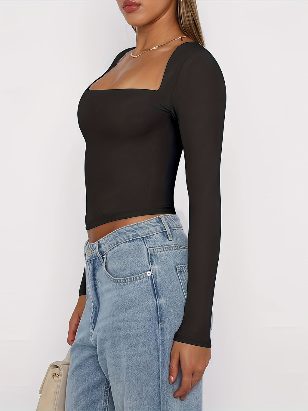 Blusas elegantes para mujer, ajustadas, cortas, de manga larga, cuello cuadrado, color liso, tipo vestido.