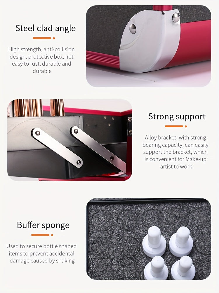 Organizador de maquillaje, estuche grande con bandeja, estuche de maquillaje con soporte para brochas, cierre, almacenamiento portátil para cosméticos de viaje, estuche metálico para maquillaje.