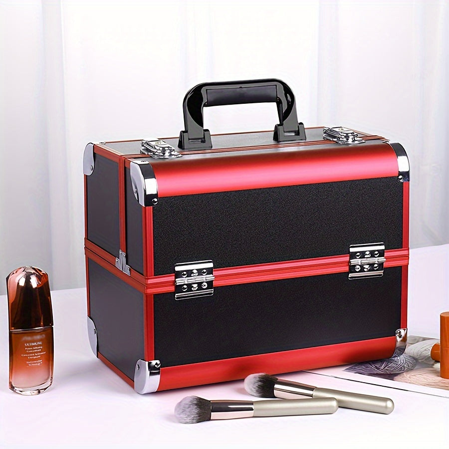 Organizador de maquillaje, estuche grande con bandeja, estuche de maquillaje con soporte para brochas, cierre, almacenamiento portátil para cosméticos de viaje, estuche metálico para maquillaje.