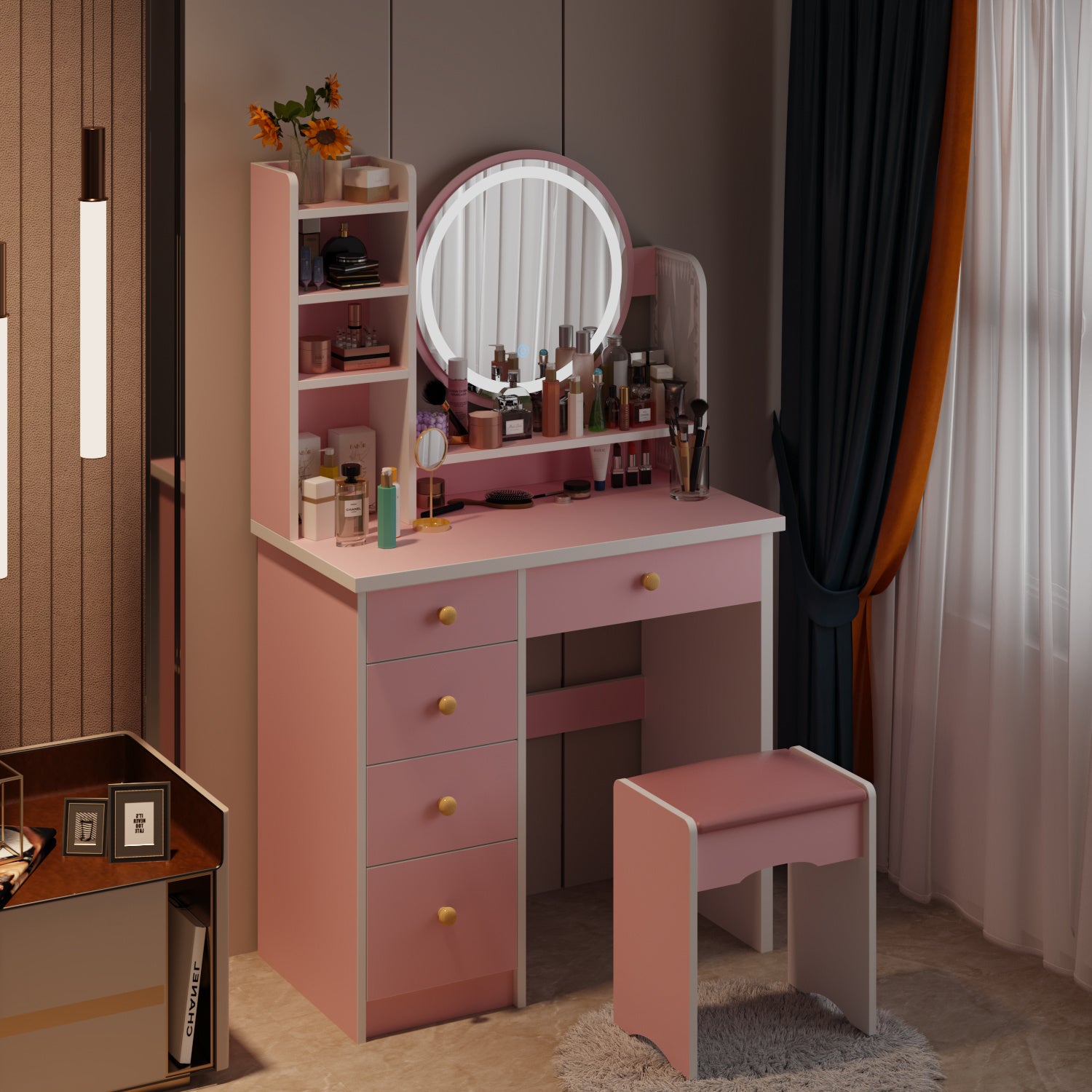 Moderno conjunto de tocador con espejo iluminado y mesa de maquillaje para niñas.