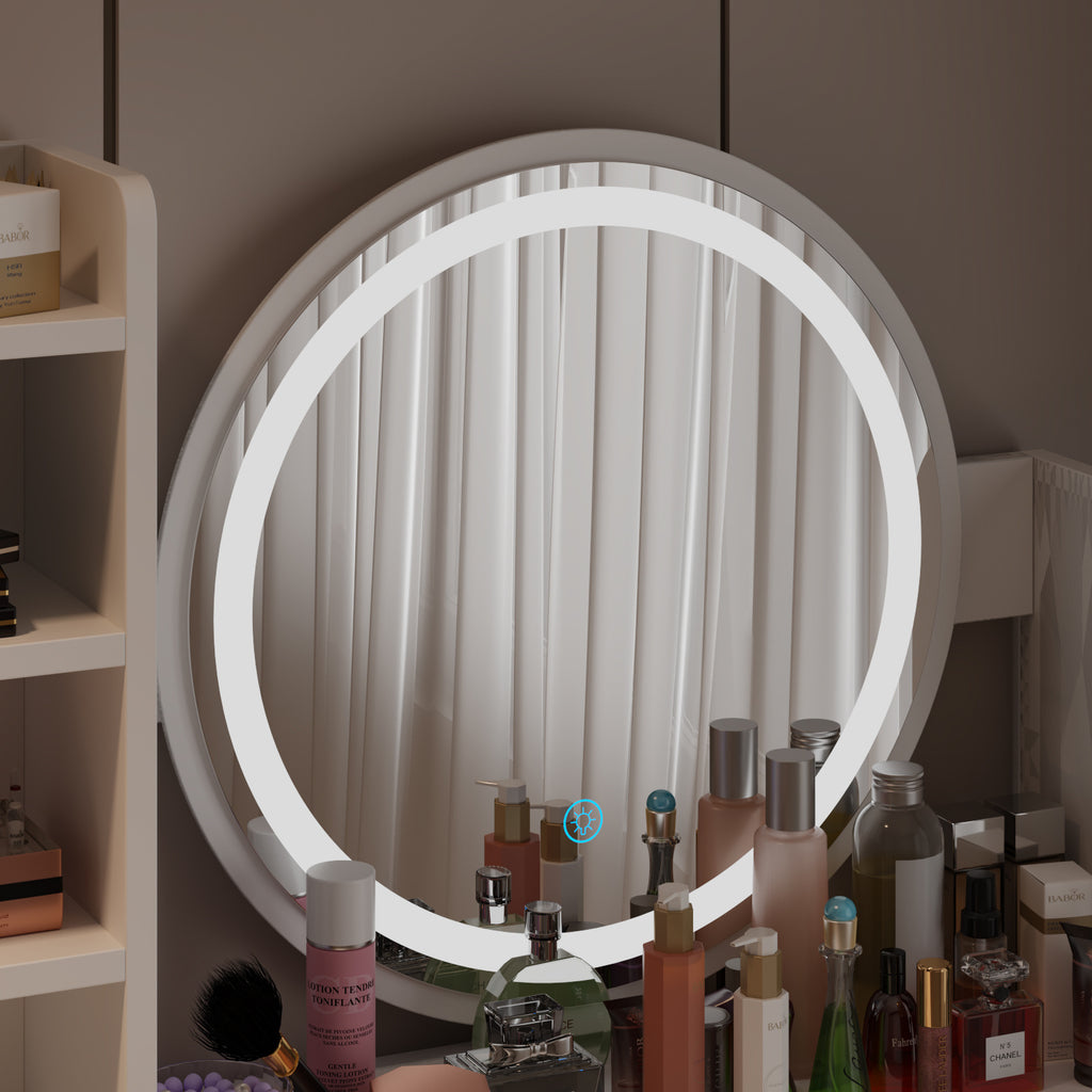 Moderno conjunto de tocador con espejo iluminado y mesa de maquillaje para niñas.