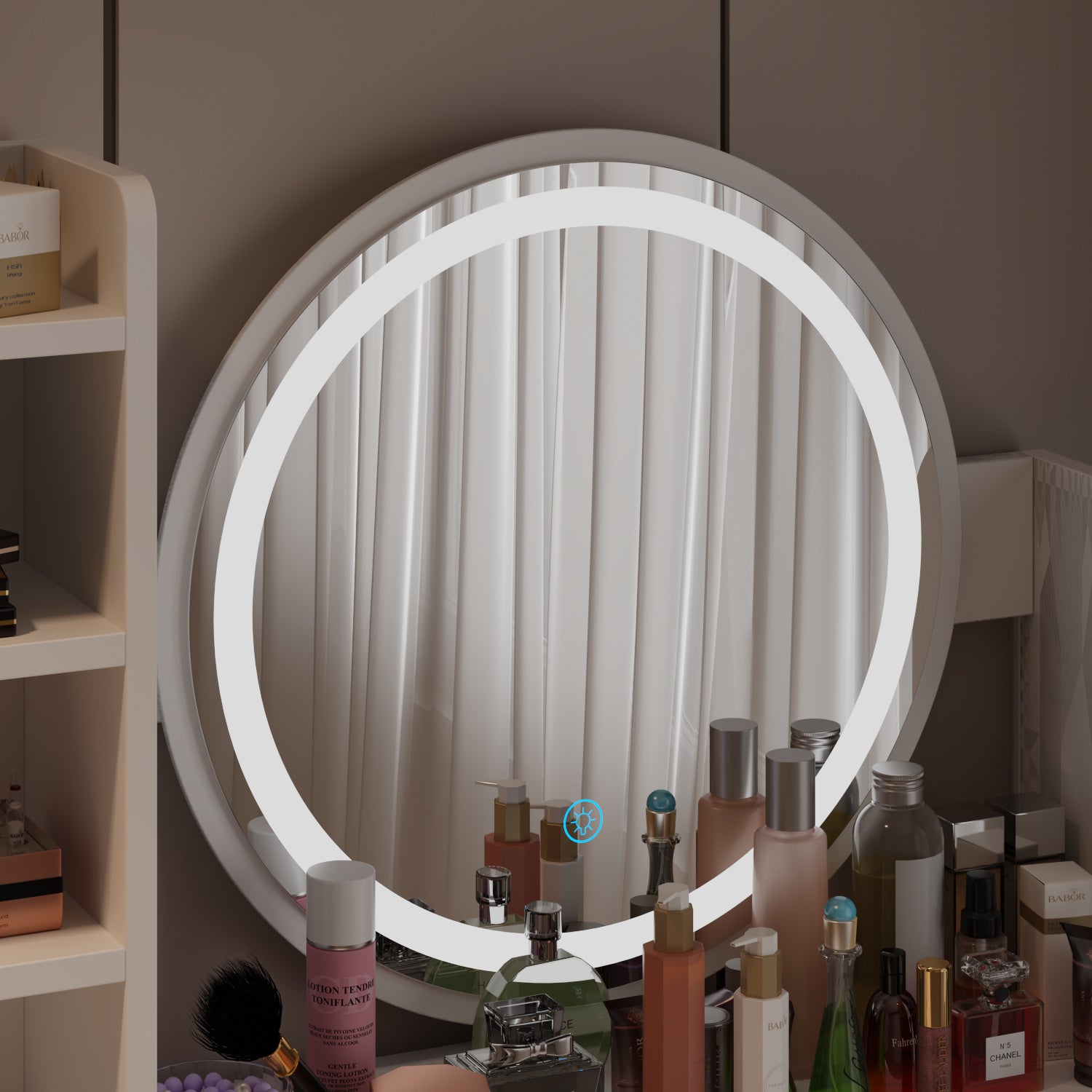 Moderno conjunto de tocador con espejo iluminado y mesa de maquillaje para niñas.