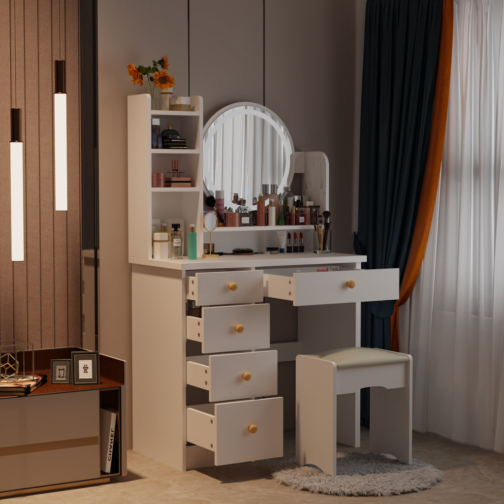 Moderno conjunto de tocador con espejo iluminado y mesa de maquillaje para niñas.