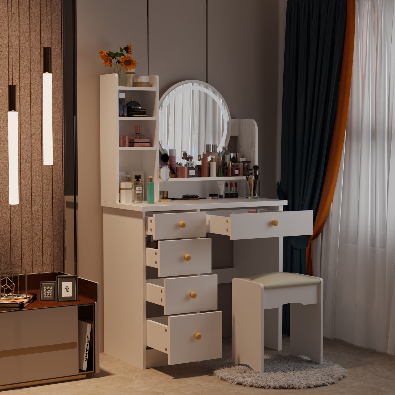 Moderno conjunto de tocador con espejo iluminado y mesa de maquillaje para niñas.