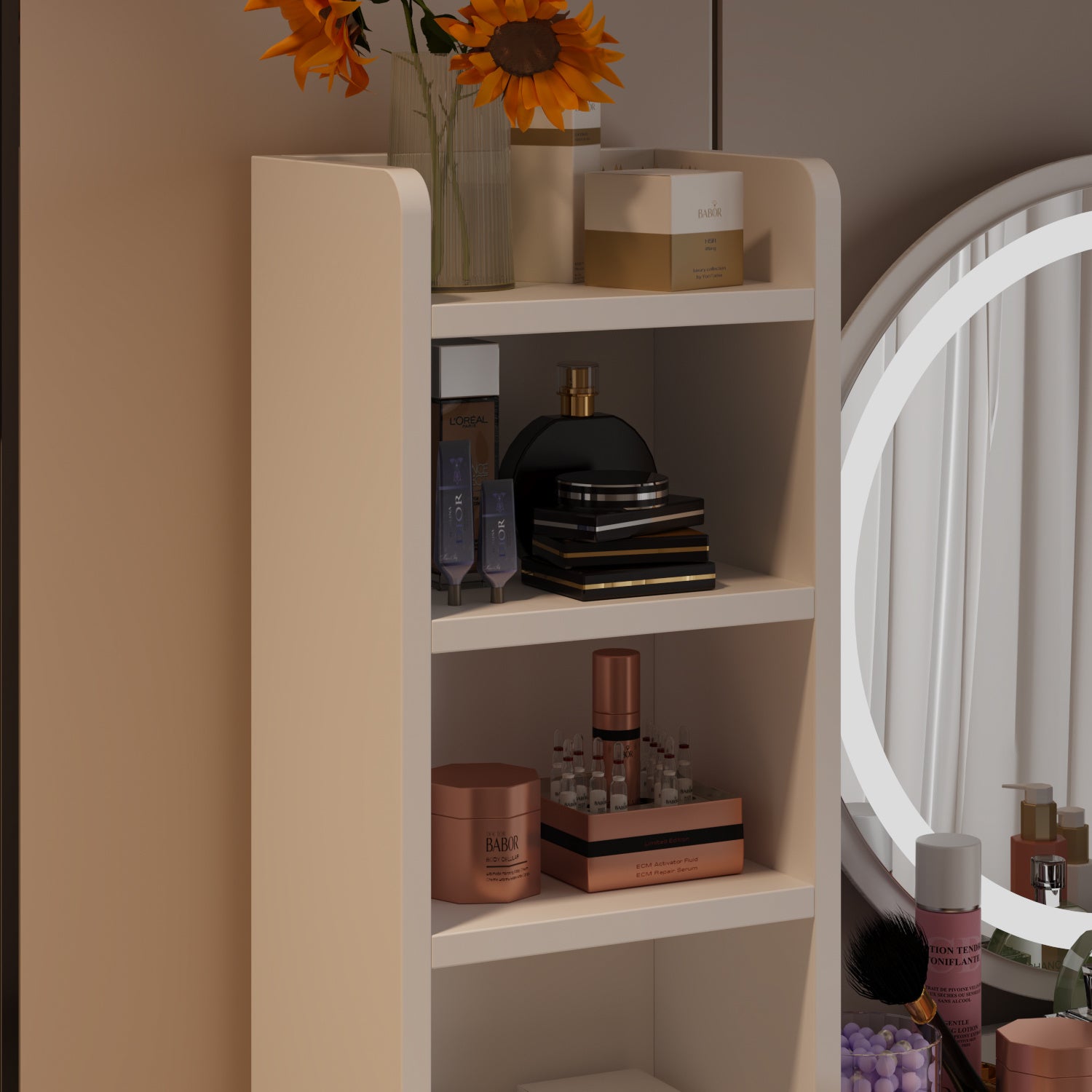 Moderno conjunto de tocador con espejo iluminado y mesa de maquillaje para niñas.