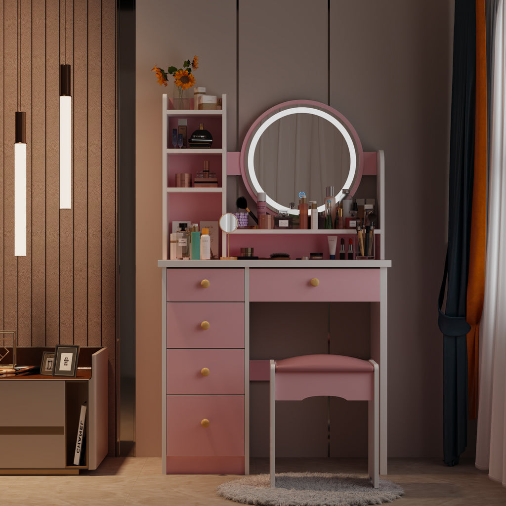 Moderno conjunto de tocador con espejo iluminado y mesa de maquillaje para niñas.