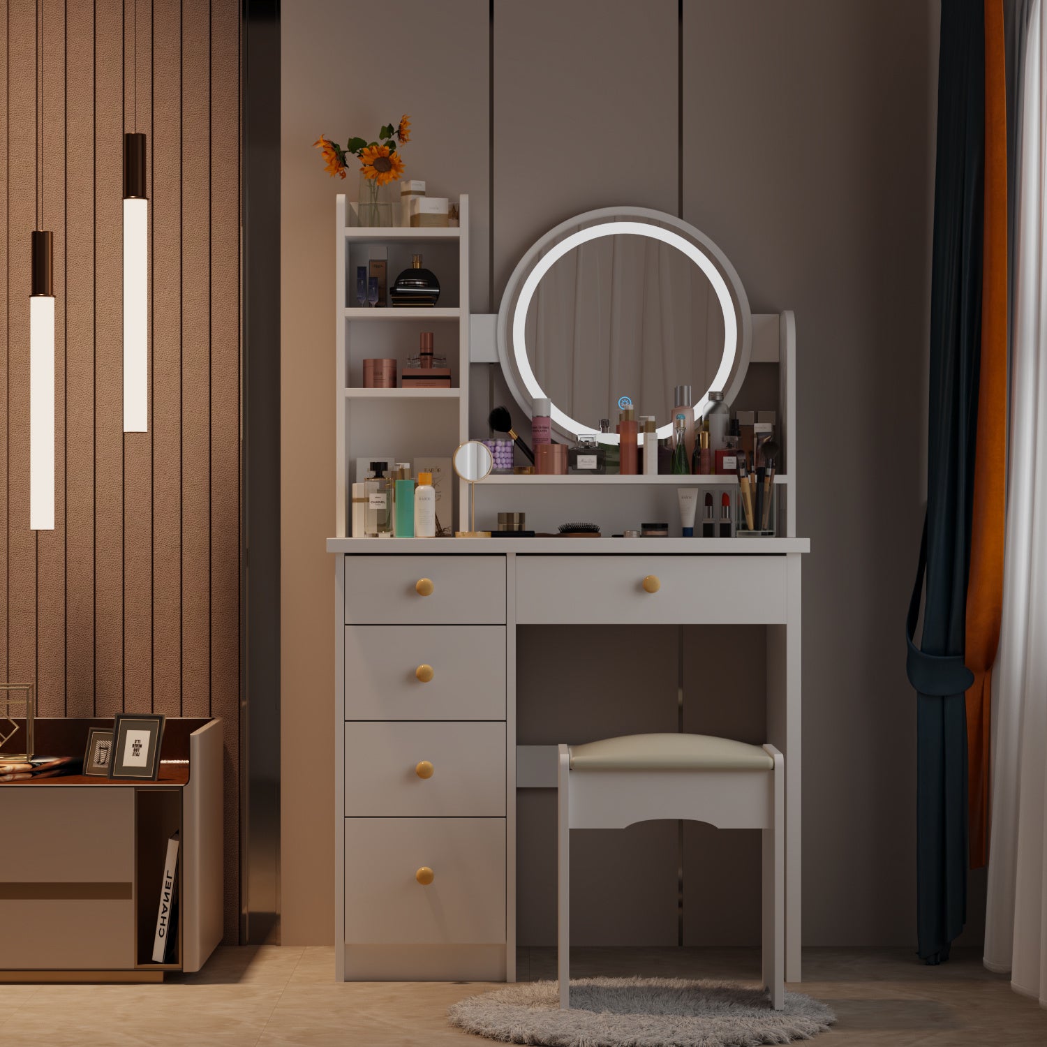 Moderno conjunto de tocador con espejo iluminado y mesa de maquillaje para niñas.