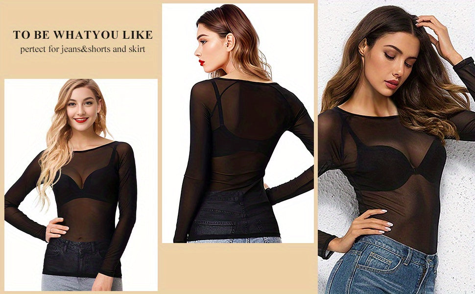 Blusas negras de malla transparente para mujer: diseño seductor de rejilla, modernas y transpirables, perfectas para mujeres amantes de la moda, tanto para atuendos casuales como elegantes.