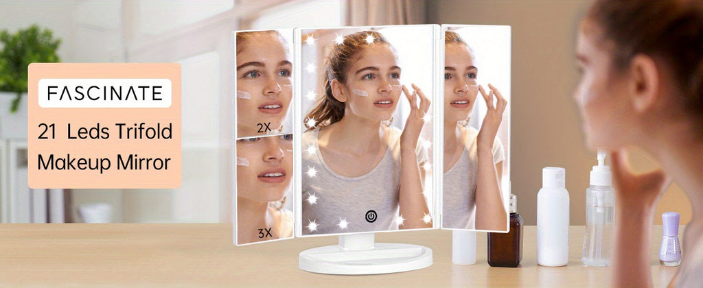 Espejo de tocador plegable con luces, espejo de maquillaje iluminado con aumento de 2X/3X, 21 LED con atenuación táctil, espejo de tocador iluminado con doble alimentación y rotación de 180°, espejo de maquillaje con iluminación.