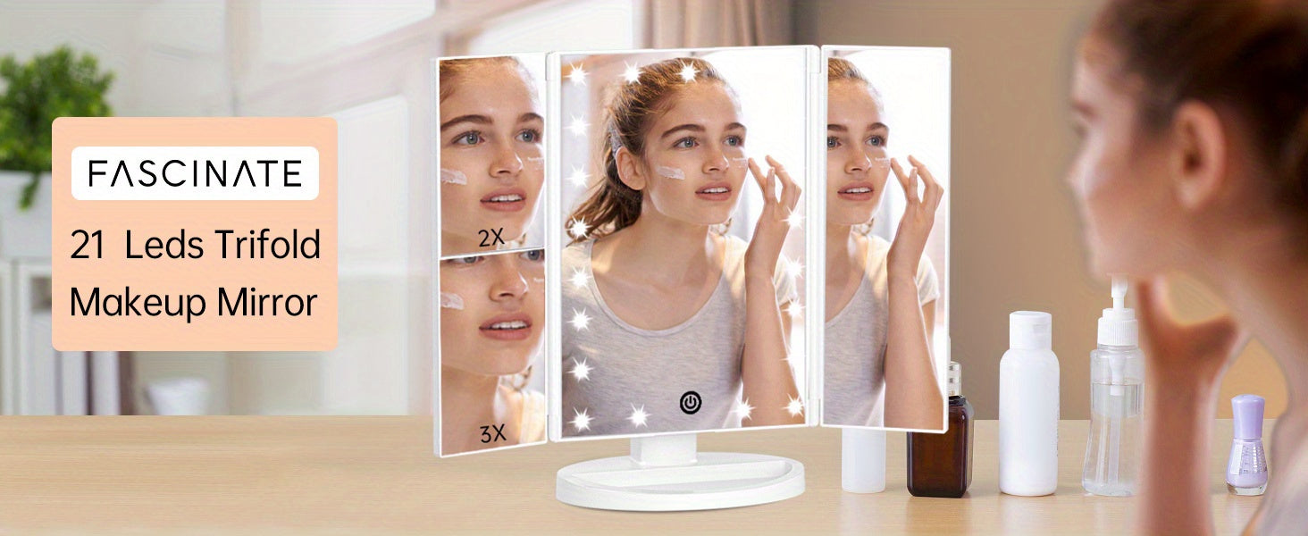 Espejo de tocador plegable con luces, espejo de maquillaje iluminado con aumento de 2X/3X, 21 LED con atenuación táctil, espejo de tocador iluminado con doble alimentación y rotación de 180°, espejo de maquillaje con iluminación.