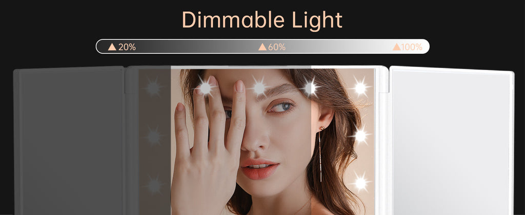 Espejo de tocador plegable con luces, espejo de maquillaje iluminado con aumento de 2X/3X, 21 LED con atenuación táctil, espejo de tocador iluminado con doble alimentación y rotación de 180°, espejo de maquillaje con iluminación.