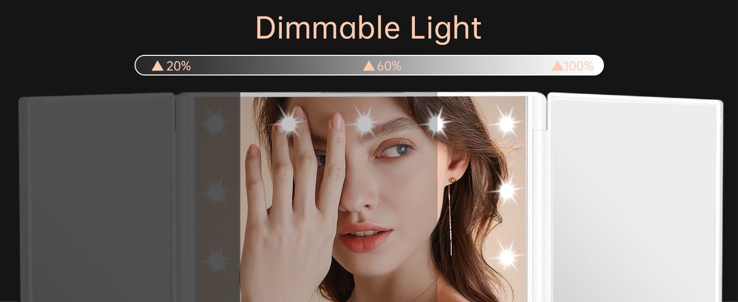 Espejo de tocador plegable con luces, espejo de maquillaje iluminado con aumento de 2X/3X, 21 LED con atenuación táctil, espejo de tocador iluminado con doble alimentación y rotación de 180°, espejo de maquillaje con iluminación.