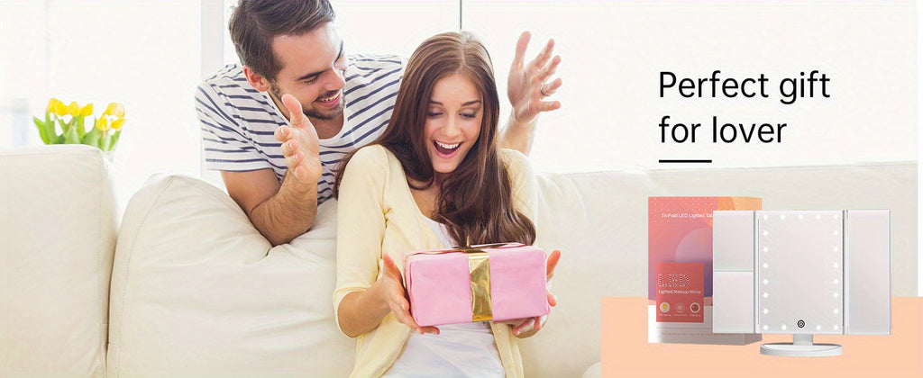 Espejo de tocador plegable con luces, espejo de maquillaje iluminado con aumento de 2X/3X, 21 LED con atenuación táctil, espejo de tocador iluminado con doble alimentación y rotación de 180°, espejo de maquillaje con iluminación.