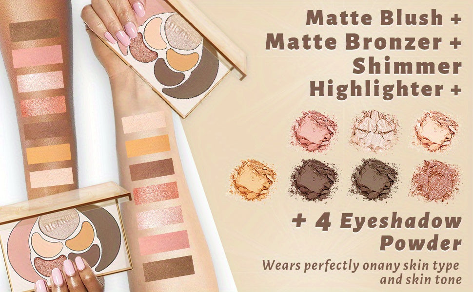 Kit de maquillaje todo en uno UCANBE: 4 sombras de ojos mate brillantes, 1 rubor, 1 bronceador contorno, 1 iluminador. Paleta de maquillaje. Sets de maquillaje para mujeres, niñas y adolescentes.