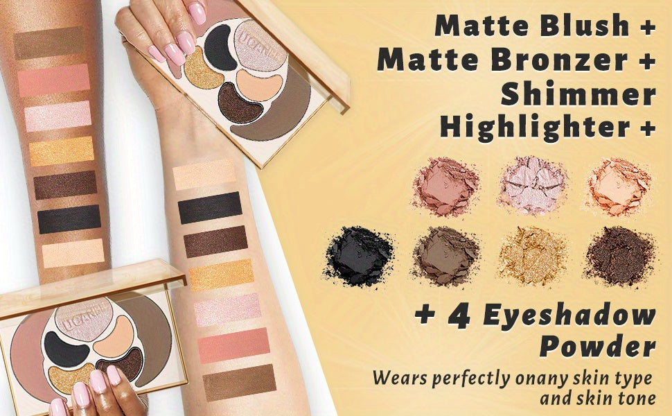 Kit de maquillaje todo en uno UCANBE: 4 sombras de ojos mate brillantes, 1 rubor, 1 bronceador contorno, 1 iluminador. Paleta de maquillaje. Sets de maquillaje para mujeres, niñas y adolescentes.