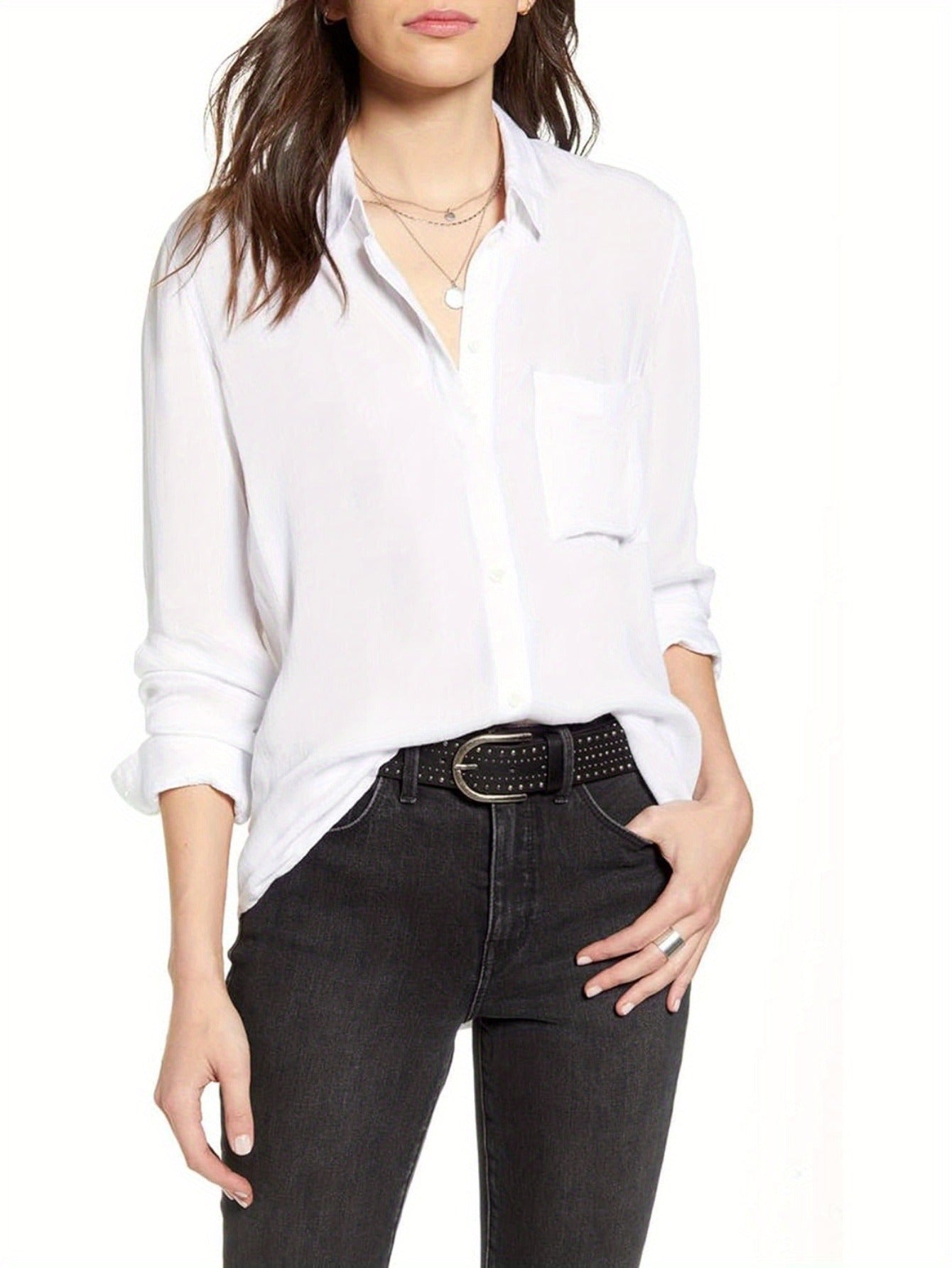 Camisas de mujer con botones y bolsillos Blusas de oficina de manga larga Blusas informales de vestir Camisas ajustadas de gasa S-XXL