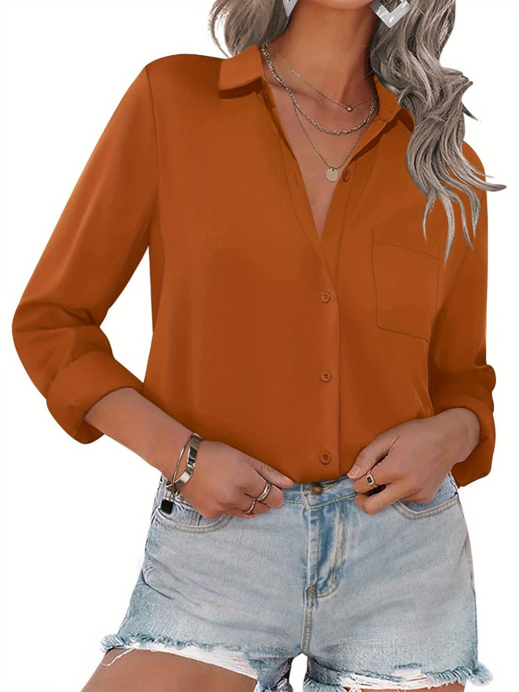 Camisas de mujer con botones y bolsillos Blusas de oficina de manga larga Blusas informales de vestir Camisas ajustadas de gasa S-XXL