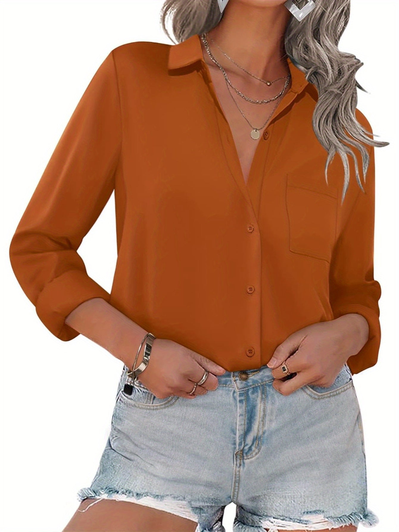 Camisas de mujer con botones y bolsillos Blusas de oficina de manga larga Blusas informales de vestir Camisas ajustadas de gasa S-XXL