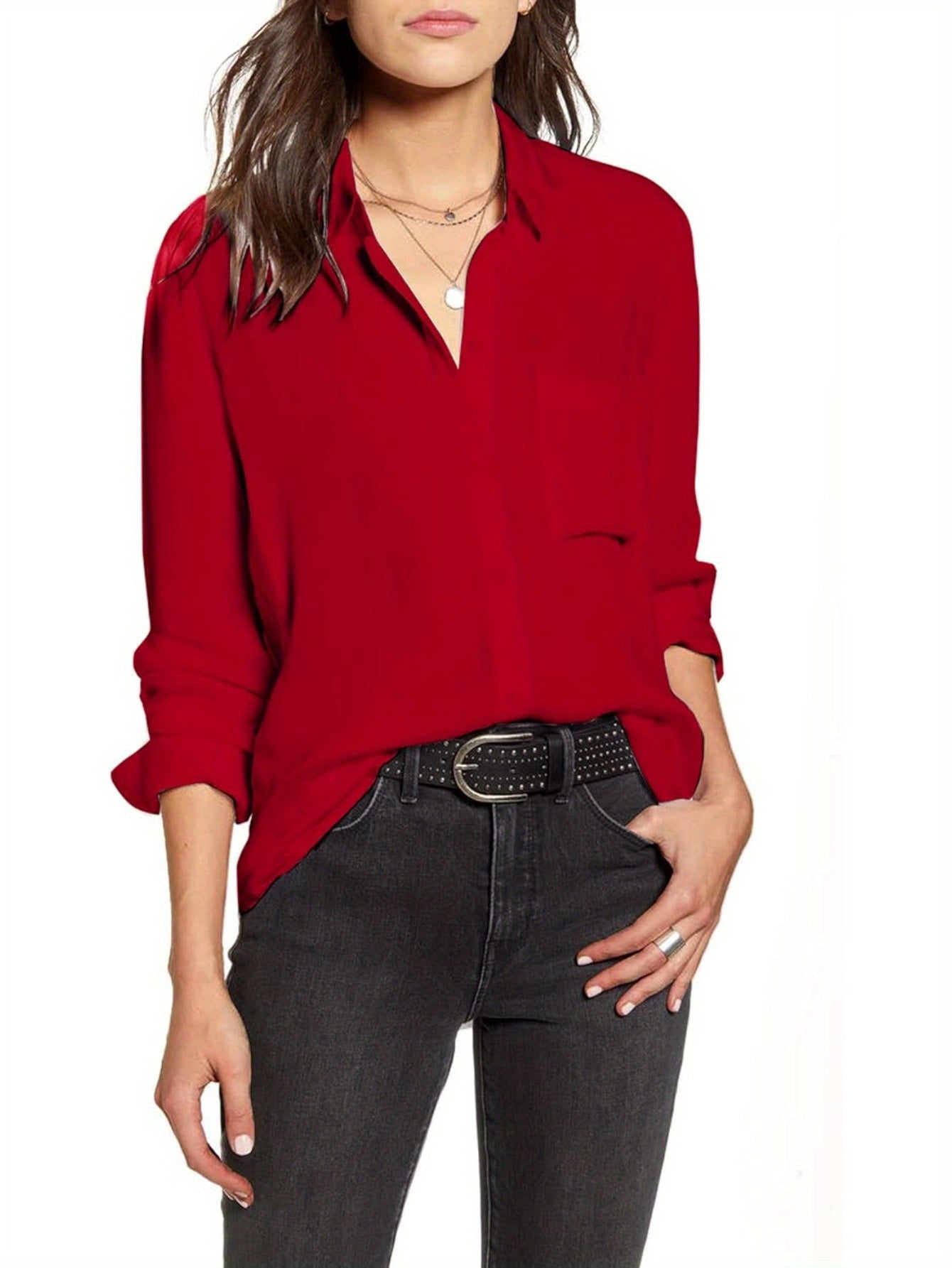 Camisas de mujer con botones y bolsillos Blusas de oficina de manga larga Blusas informales de vestir Camisas ajustadas de gasa S-XXL