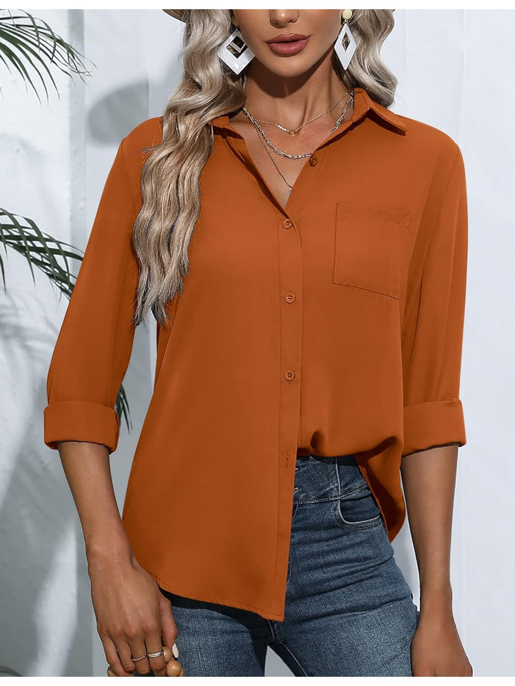 Camisas de mujer con botones y bolsillos Blusas de oficina de manga larga Blusas informales de vestir Camisas ajustadas de gasa S-XXL