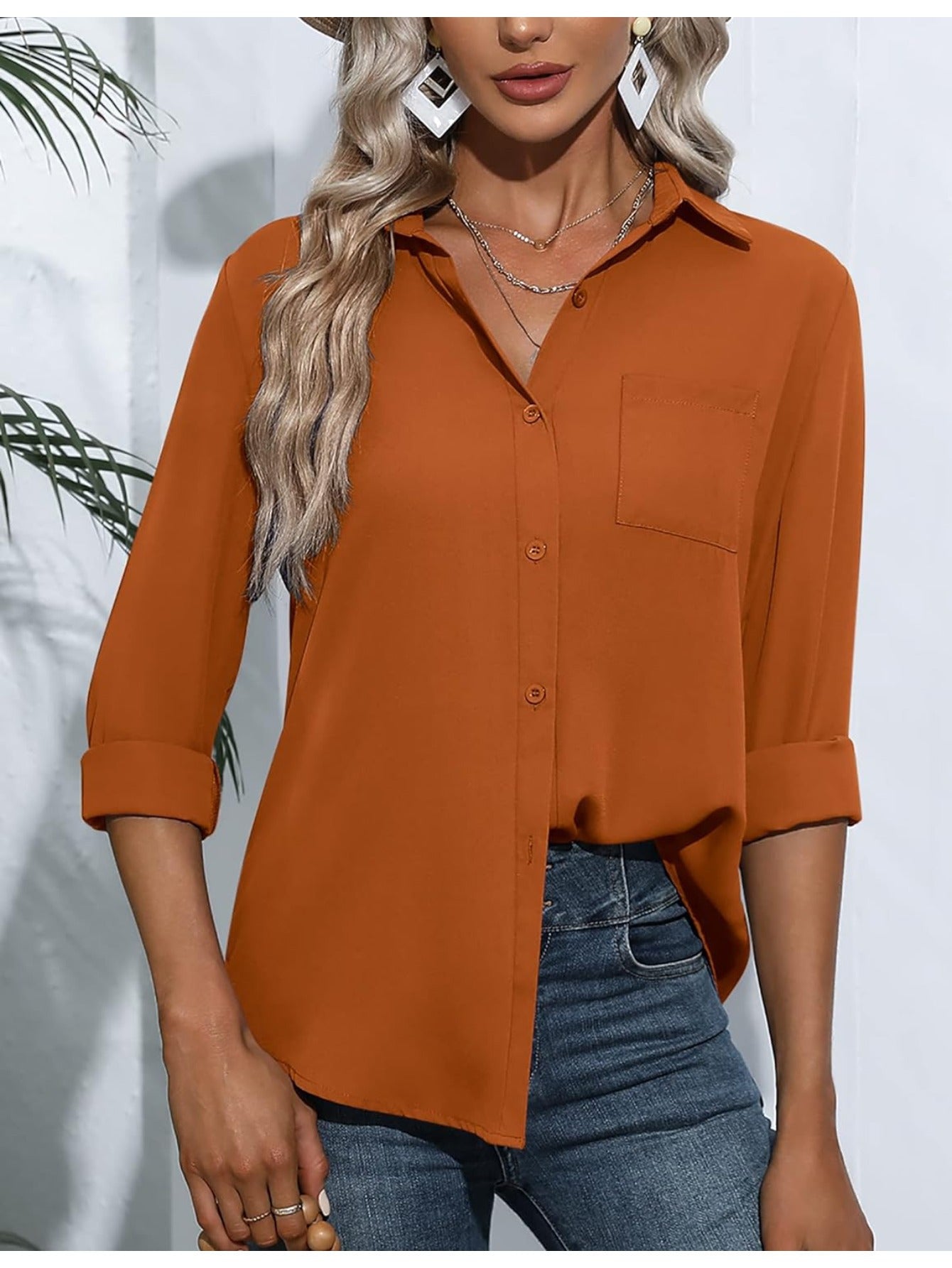 Camisas de mujer con botones y bolsillos Blusas de oficina de manga larga Blusas informales de vestir Camisas ajustadas de gasa S-XXL
