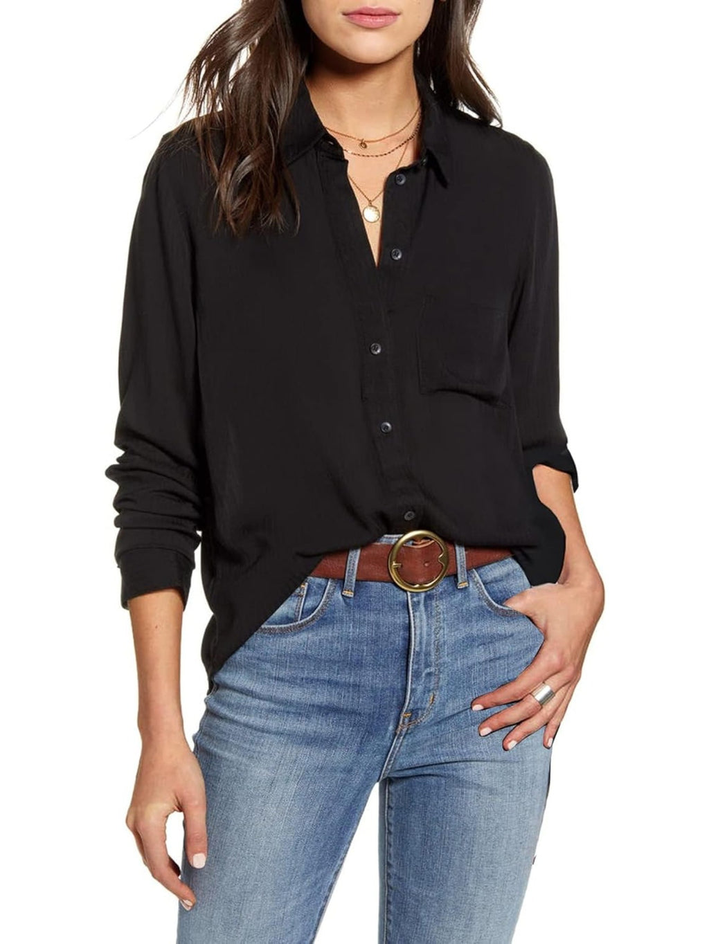 Camisas de mujer con botones y bolsillos Blusas de oficina de manga larga Blusas informales de vestir Camisas ajustadas de gasa S-XXL