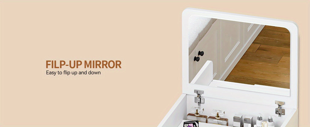 Tocador con espejo abatible, pequeño conjunto de tocador con escritorio de vidrio visible, tocador compacto con 3 cajones, herramienta acolchada.