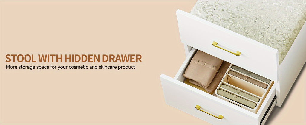 Tocador con espejo abatible, pequeño conjunto de tocador con escritorio de vidrio visible, tocador compacto con 3 cajones, herramienta acolchada.