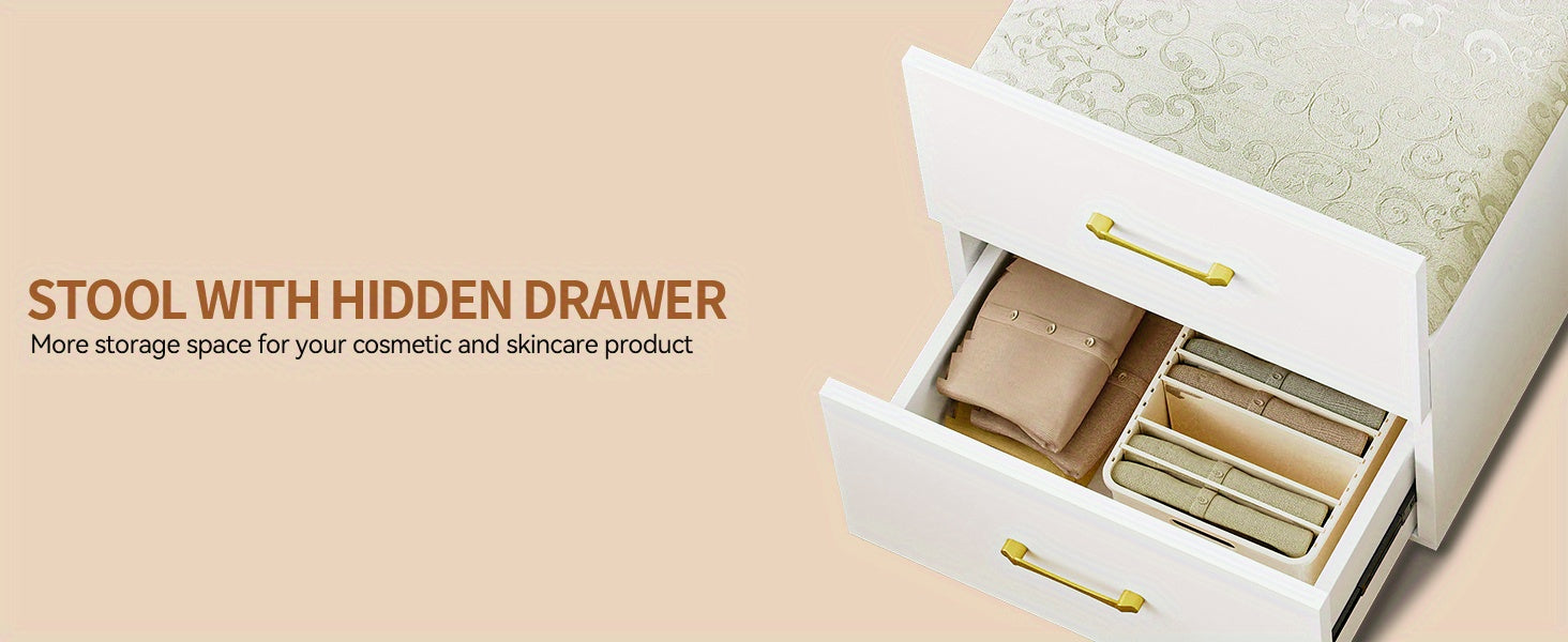 Tocador con espejo abatible, pequeño conjunto de tocador con escritorio de vidrio visible, tocador compacto con 3 cajones, herramienta acolchada.