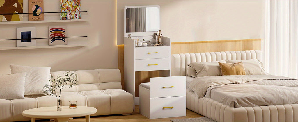 Tocador con espejo abatible, pequeño conjunto de tocador con escritorio de vidrio visible, tocador compacto con 3 cajones, herramienta acolchada.