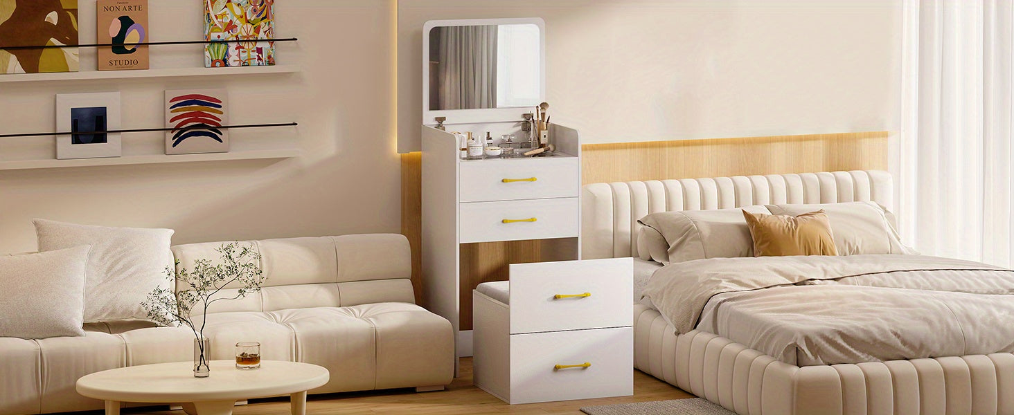 Tocador con espejo abatible, pequeño conjunto de tocador con escritorio de vidrio visible, tocador compacto con 3 cajones, herramienta acolchada.