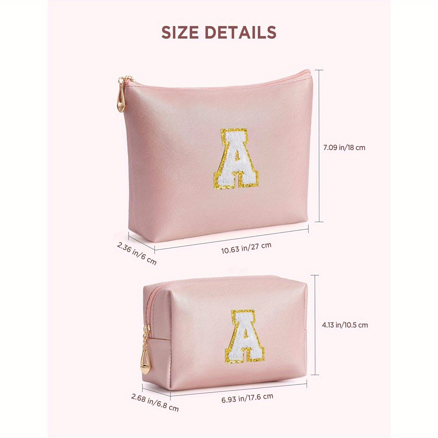 2 piezas de bonitos estuches de maquillaje con iniciales para regalar a amigas, exquisito regalo para el Día de la Madre, estuche de maquillaje impermeable de cuero sintético PU, letras de la A a la Z en color rosa.