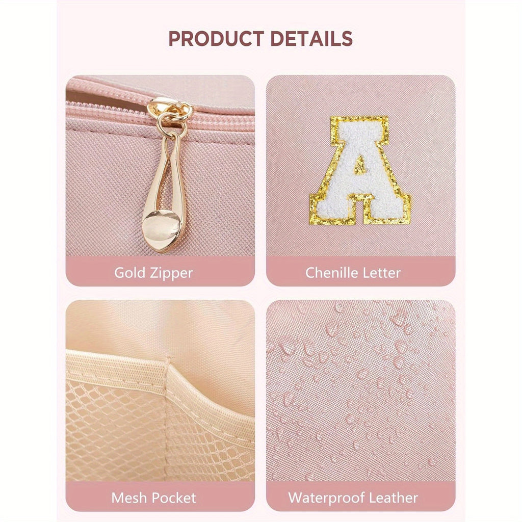 2 piezas de bonitos estuches de maquillaje con iniciales para regalar a amigas, exquisito regalo para el Día de la Madre, estuche de maquillaje impermeable de cuero sintético PU, letras de la A a la Z en color rosa.