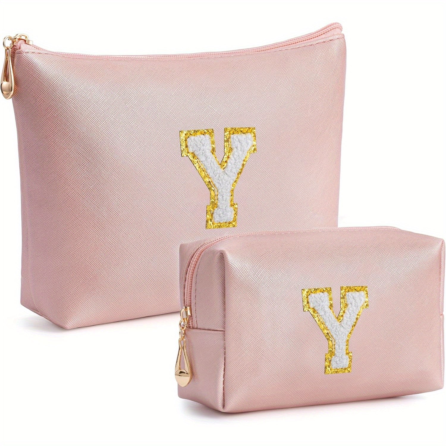 2 piezas de bonitos estuches de maquillaje con iniciales para regalar a amigas, exquisito regalo para el Día de la Madre, estuche de maquillaje impermeable de cuero sintético PU, letras de la A a la Z en color rosa.