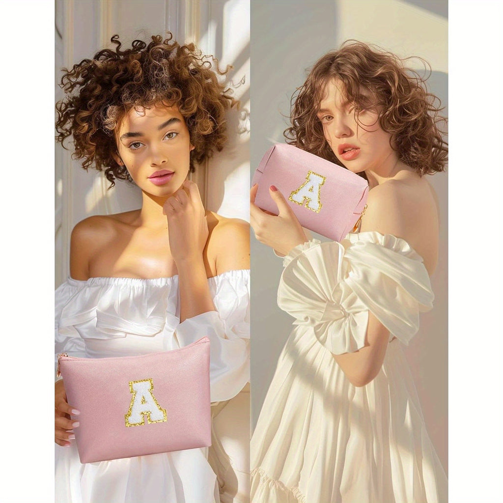 2 piezas de bonitos estuches de maquillaje con iniciales para regalar a amigas, exquisito regalo para el Día de la Madre, estuche de maquillaje impermeable de cuero sintético PU, letras de la A a la Z en color rosa.