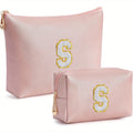 2 piezas de bonitos estuches de maquillaje con iniciales para regalar a amigas, exquisito regalo para el Día de la Madre, estuche de maquillaje impermeable de cuero sintético PU, letras de la A a la Z en color rosa.
