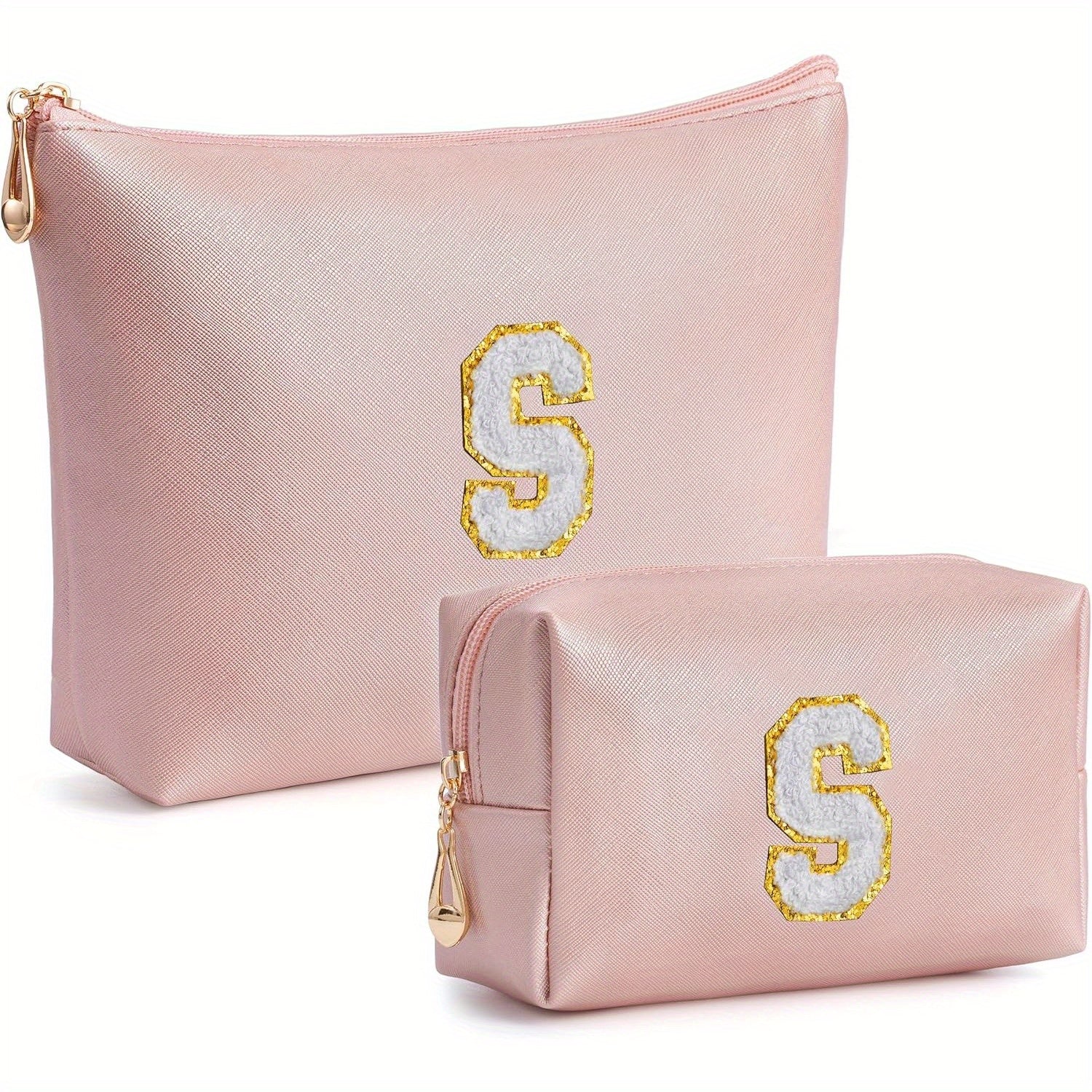 2 piezas de bonitos estuches de maquillaje con iniciales para regalar a amigas, exquisito regalo para el Día de la Madre, estuche de maquillaje impermeable de cuero sintético PU, letras de la A a la Z en color rosa.