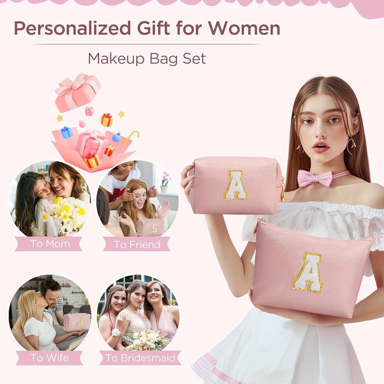 2 piezas de bonitos estuches de maquillaje con iniciales para regalar a amigas, exquisito regalo para el Día de la Madre, estuche de maquillaje impermeable de cuero sintético PU, letras de la A a la Z en color rosa.