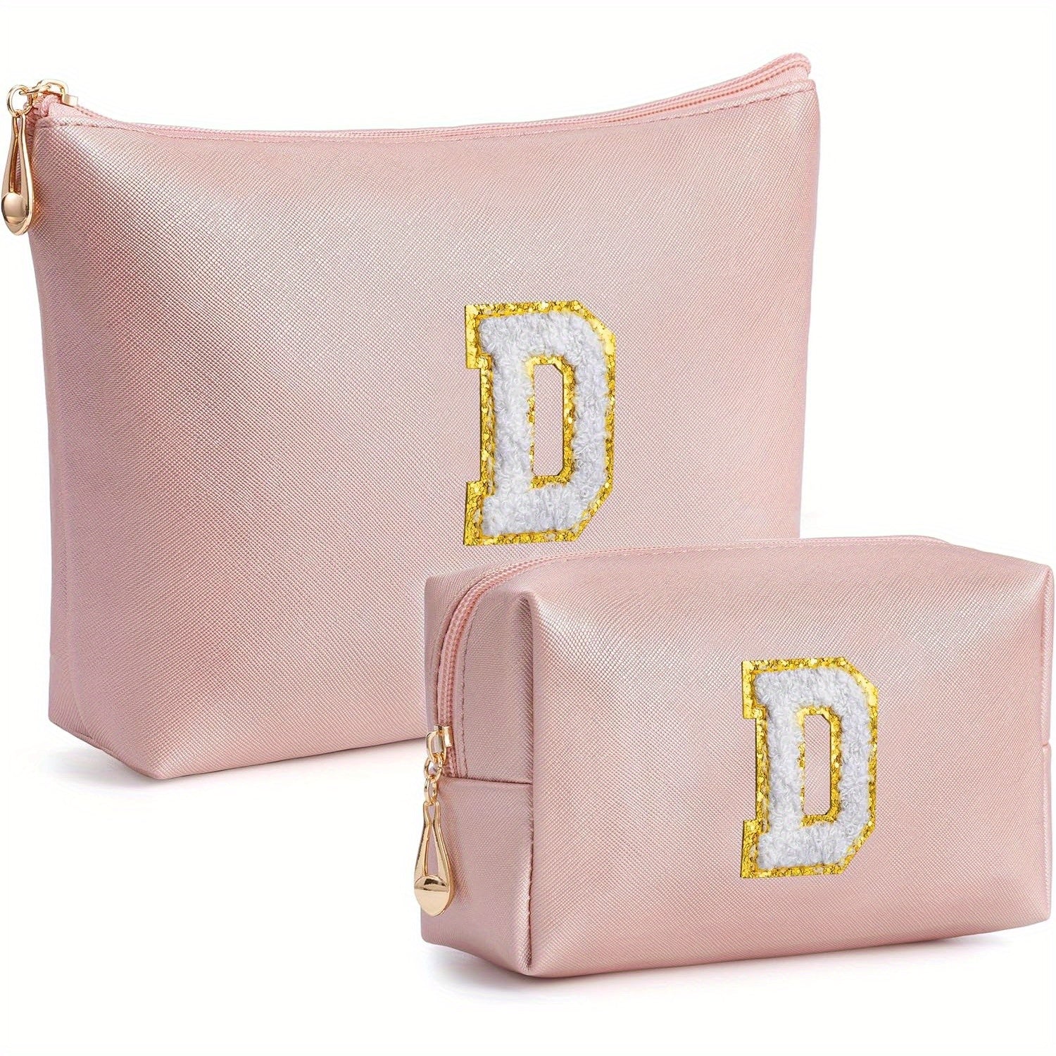 2 piezas de bonitos estuches de maquillaje con iniciales para regalar a amigas, exquisito regalo para el Día de la Madre, estuche de maquillaje impermeable de cuero sintético PU, letras de la A a la Z en color rosa.