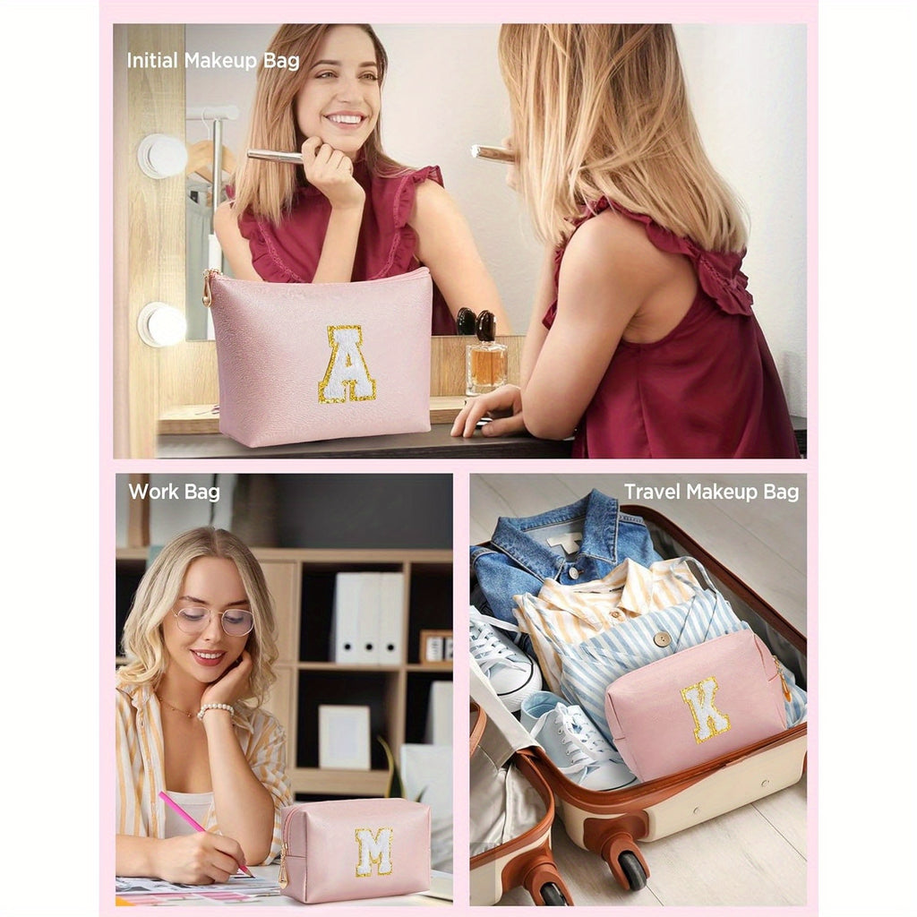 2 piezas de bonitos estuches de maquillaje con iniciales para regalar a amigas, exquisito regalo para el Día de la Madre, estuche de maquillaje impermeable de cuero sintético PU, letras de la A a la Z en color rosa.
