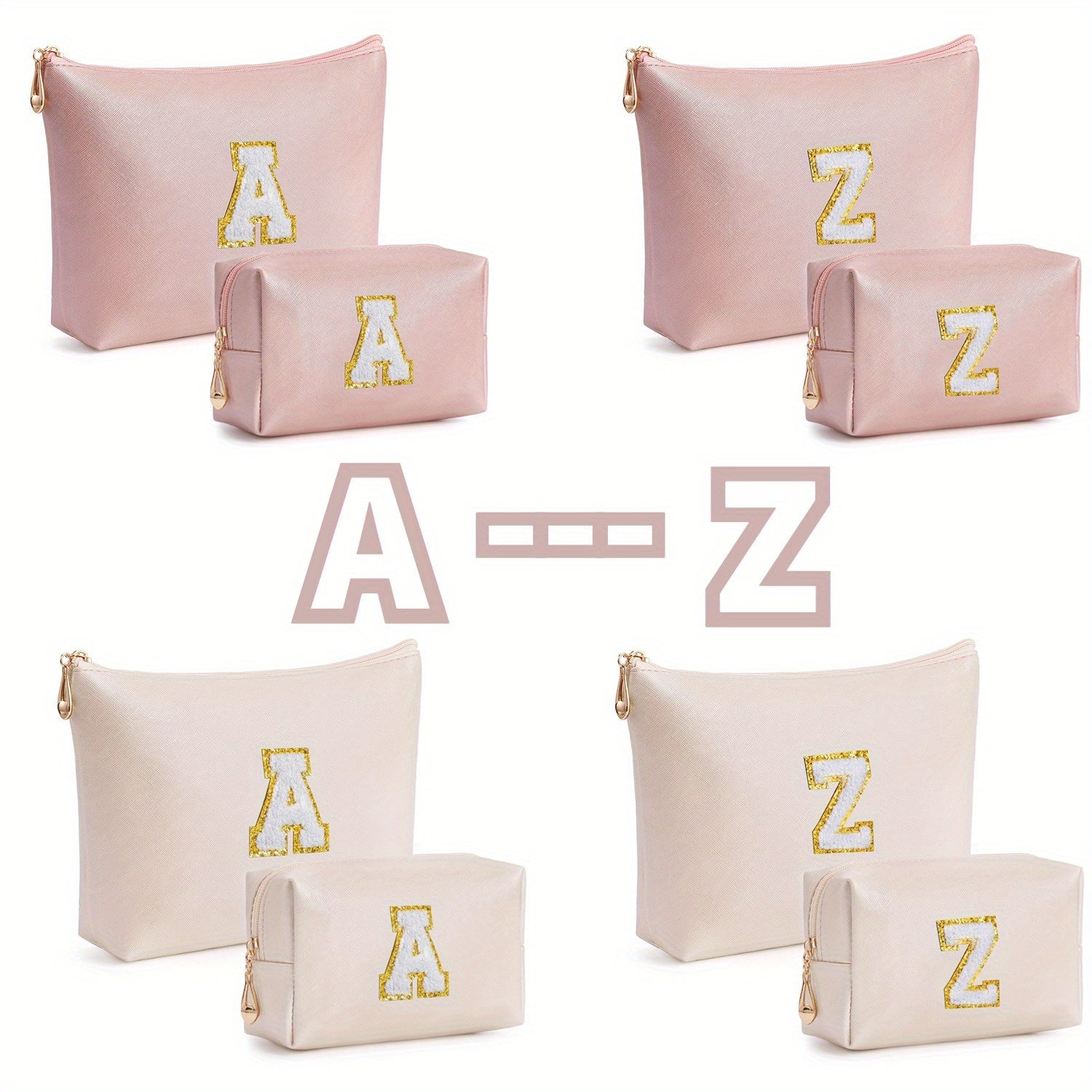2 piezas de bonitos estuches de maquillaje con iniciales para regalar a amigas, exquisito regalo para el Día de la Madre, estuche de maquillaje impermeable de cuero sintético PU, letras de la A a la Z en color rosa.