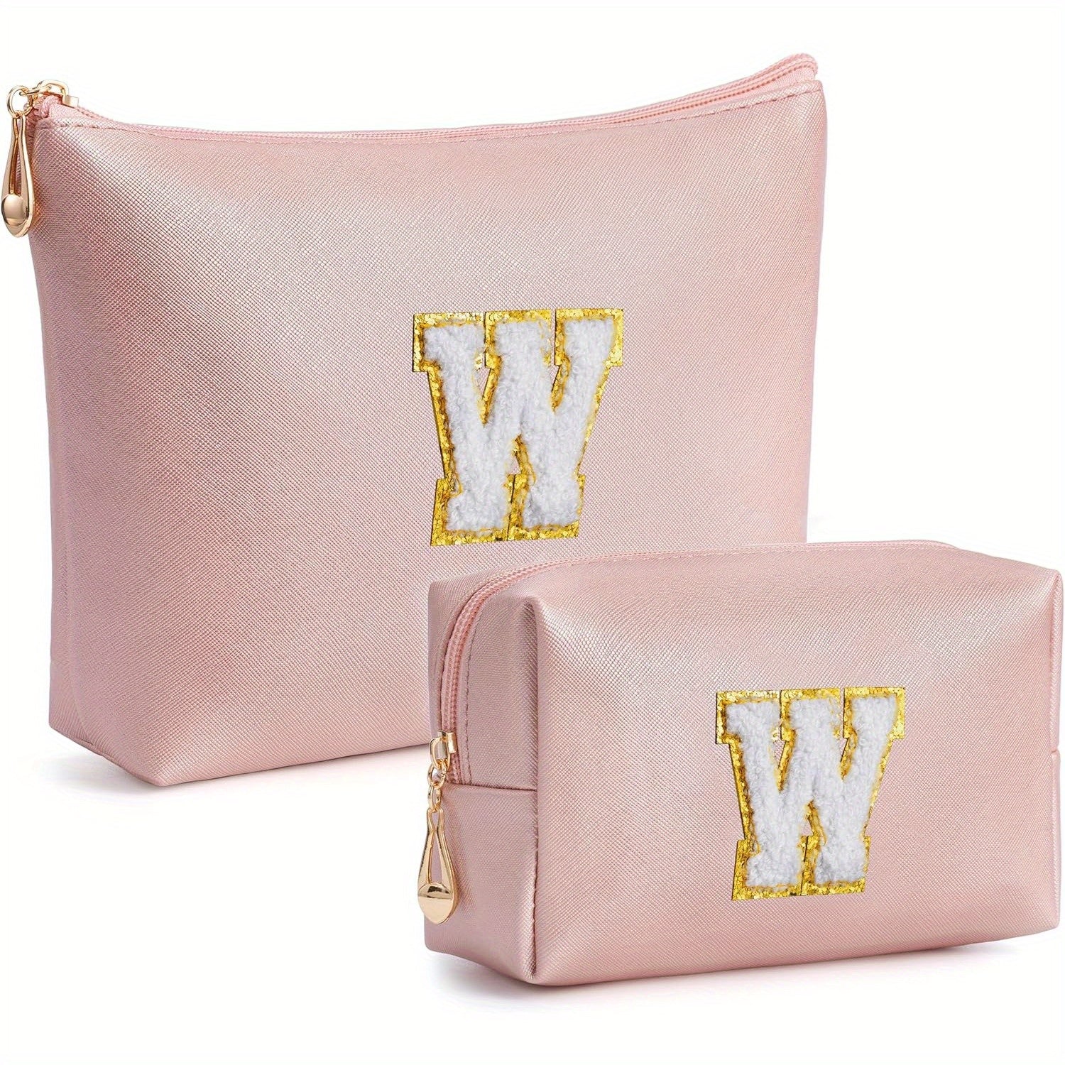 2 piezas de bonitos estuches de maquillaje con iniciales para regalar a amigas, exquisito regalo para el Día de la Madre, estuche de maquillaje impermeable de cuero sintético PU, letras de la A a la Z en color rosa.