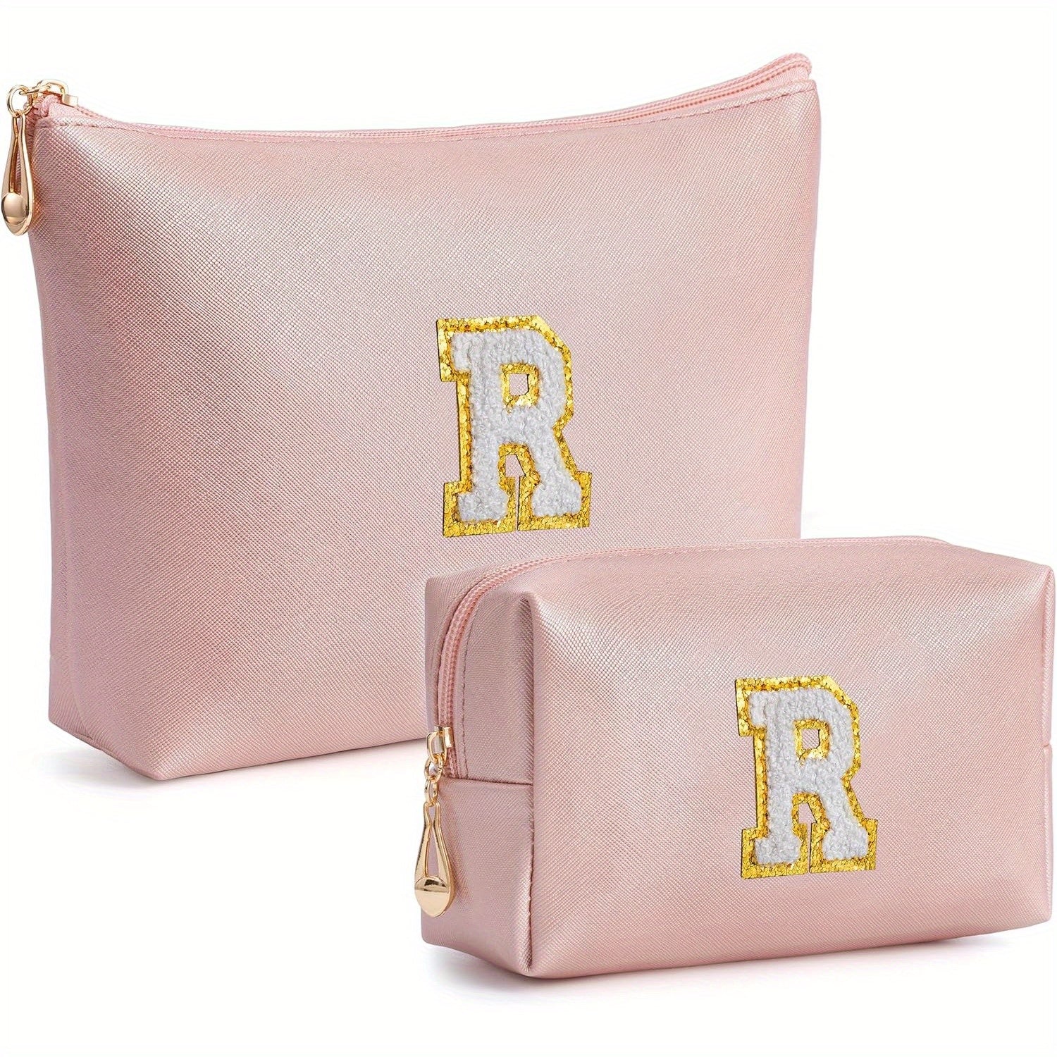 2 piezas de bonitos estuches de maquillaje con iniciales para regalar a amigas, exquisito regalo para el Día de la Madre, estuche de maquillaje impermeable de cuero sintético PU, letras de la A a la Z en color rosa.