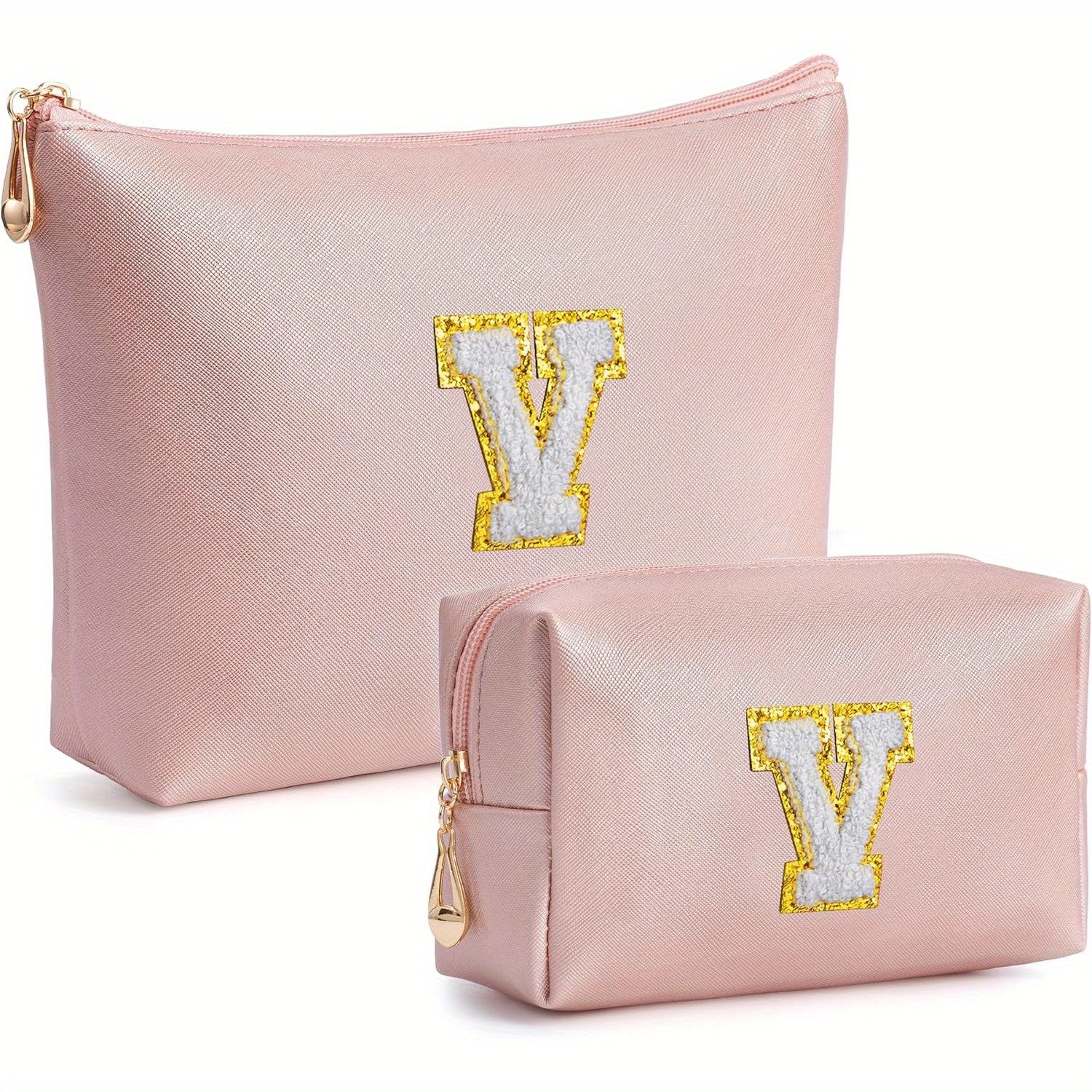 2 piezas de bonitos estuches de maquillaje con iniciales para regalar a amigas, exquisito regalo para el Día de la Madre, estuche de maquillaje impermeable de cuero sintético PU, letras de la A a la Z en color rosa.