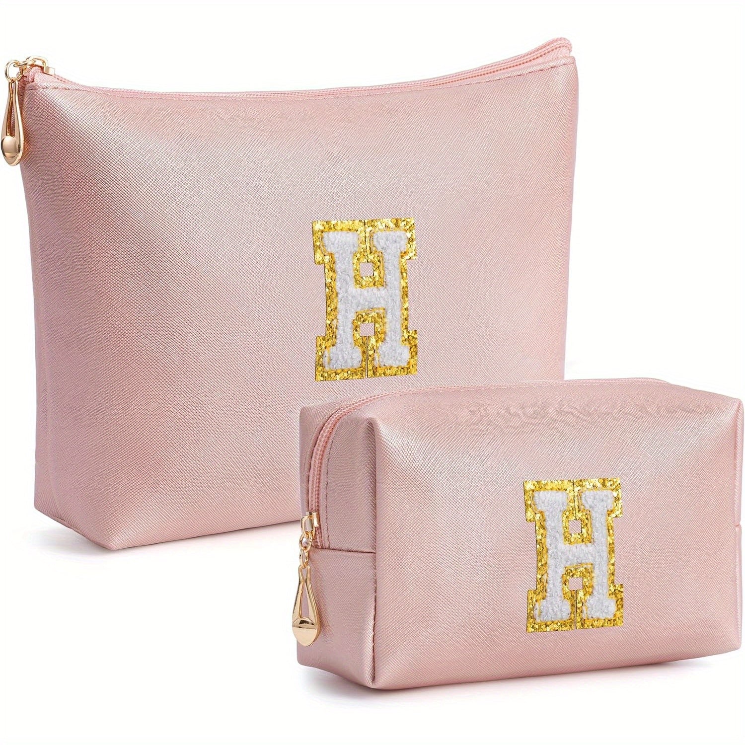 2 piezas de bonitos estuches de maquillaje con iniciales para regalar a amigas, exquisito regalo para el Día de la Madre, estuche de maquillaje impermeable de cuero sintético PU, letras de la A a la Z en color rosa.