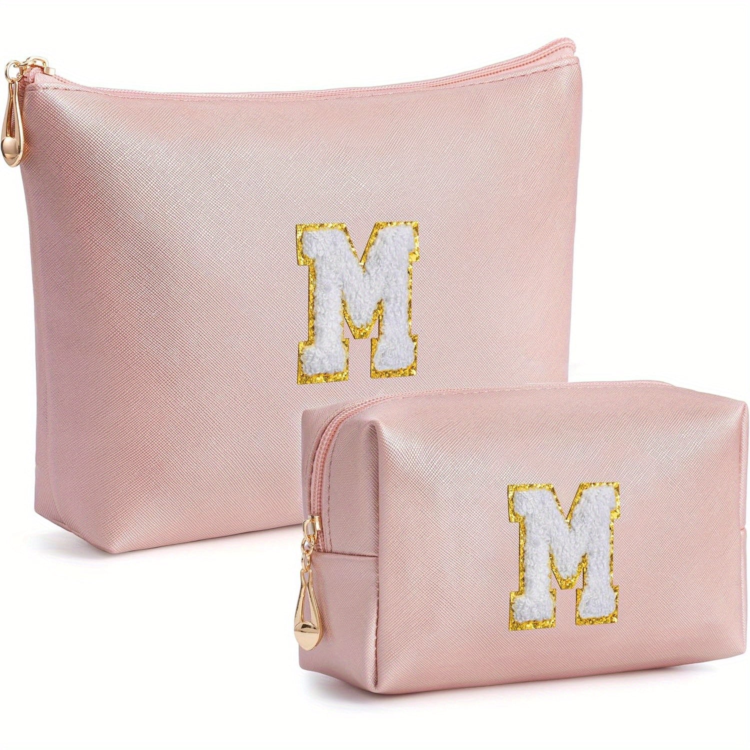 2 piezas de bonitos estuches de maquillaje con iniciales para regalar a amigas, exquisito regalo para el Día de la Madre, estuche de maquillaje impermeable de cuero sintético PU, letras de la A a la Z en color rosa.
