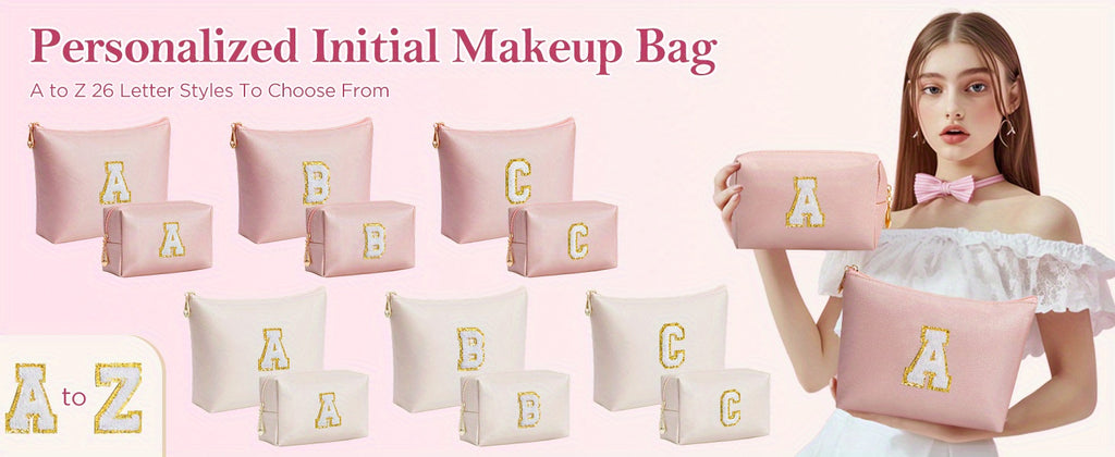 2 piezas de bonitos estuches de maquillaje con iniciales para regalar a amigas, exquisito regalo para el Día de la Madre, estuche de maquillaje impermeable de cuero sintético PU, letras de la A a la Z en color rosa.